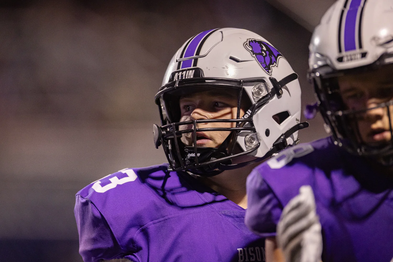 Bison offensive lineman looking over the opponent